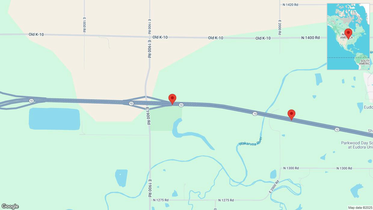 A detailed map that shows the affected road due to 'Traffic alert issued due to heavy rain conditions on eastbound K-10 in Lawrence' on March 4th at 10:14 p.m.