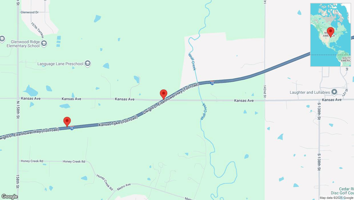 A detailed map that shows the affected road due to 'Traffic alert issued due to heavy rain conditions on westbound I-70 in Tonganoxie' on March 4th at 10:22 p.m.