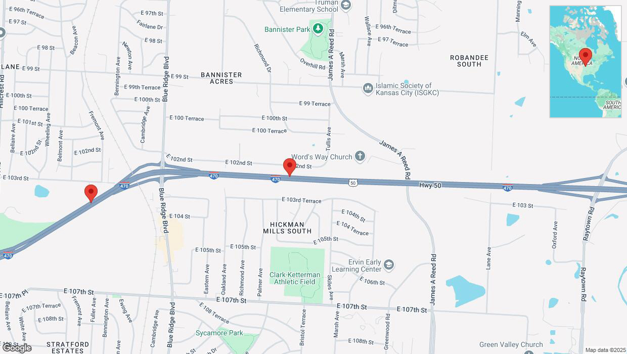 A detailed map that shows the affected road due to 'Traffic alert issued due to heavy rain conditions on westbound I-470 in Kansas City' on March 4th at 10:34 p.m.