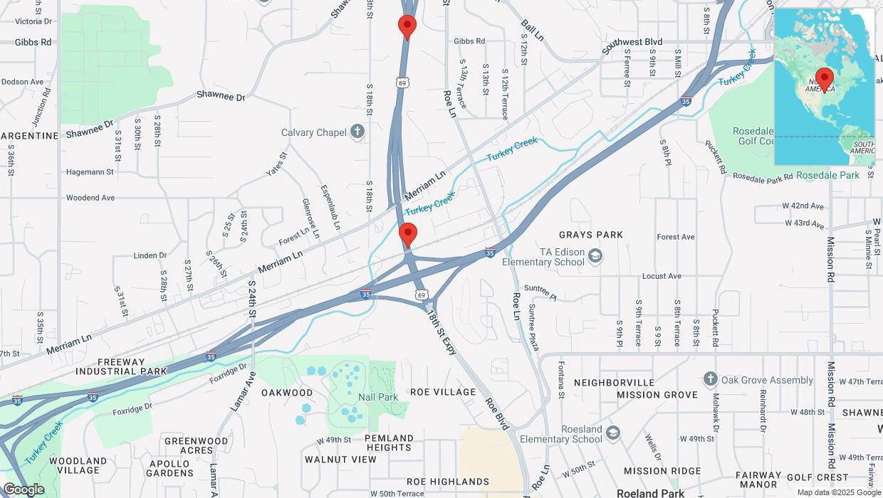 A detailed map that shows the affected road due to 'Traffic alert issued due to heavy rain conditions on northbound US-69 in Kansas City' on March 4th at 10:46 p.m.