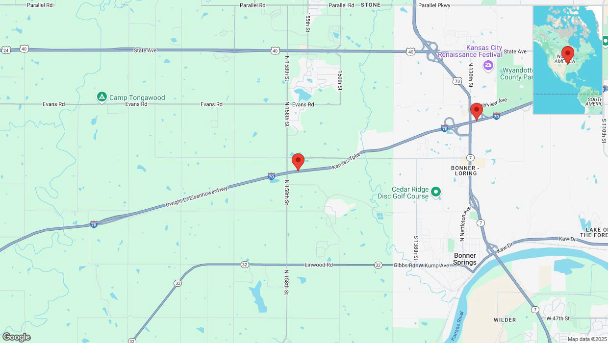 A detailed map that shows the affected road due to 'Drivers cautioned as heavy rain triggers traffic concerns on eastbound I-70 in Bonner Springs' on March 4th at 10:51 p.m.