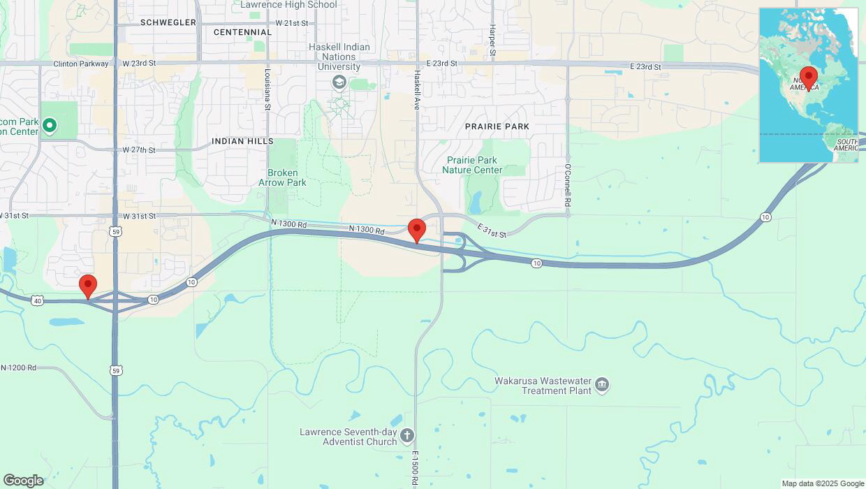 A detailed map that shows the affected road due to 'Traffic alert issued due to heavy rain conditions on westbound K-10 in Lawrence' on March 4th at 10:56 p.m.