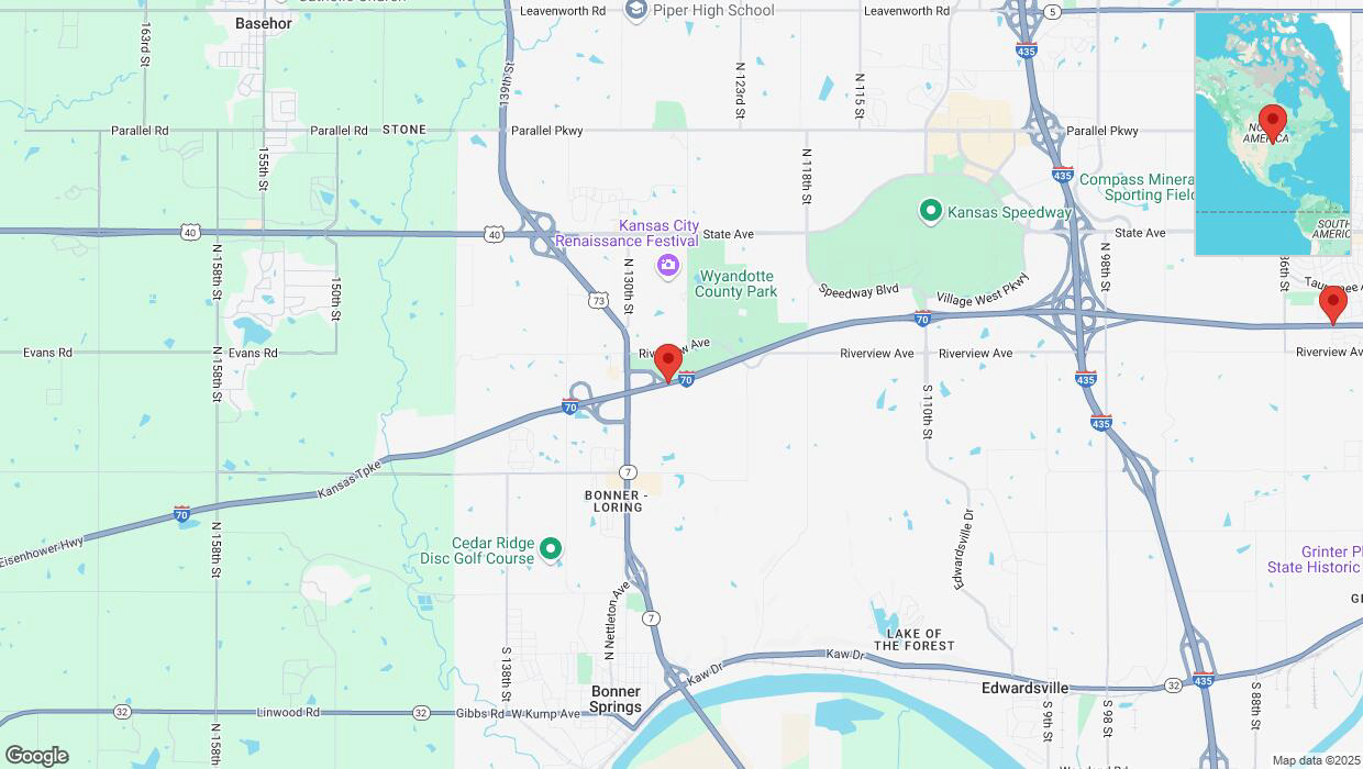 A detailed map that shows the affected road due to 'Heavy rain prompts traffic warning on eastbound I-70 in Bonner Springs' on March 4th at 11:03 p.m.