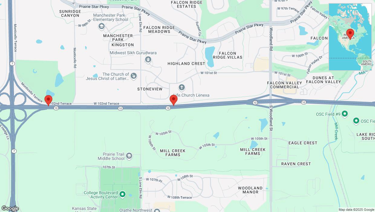 A detailed map that shows the affected road due to 'Heavy rain prompts traffic warning on westbound K-10 in Lenexa' on March 4th at 11:06 p.m.