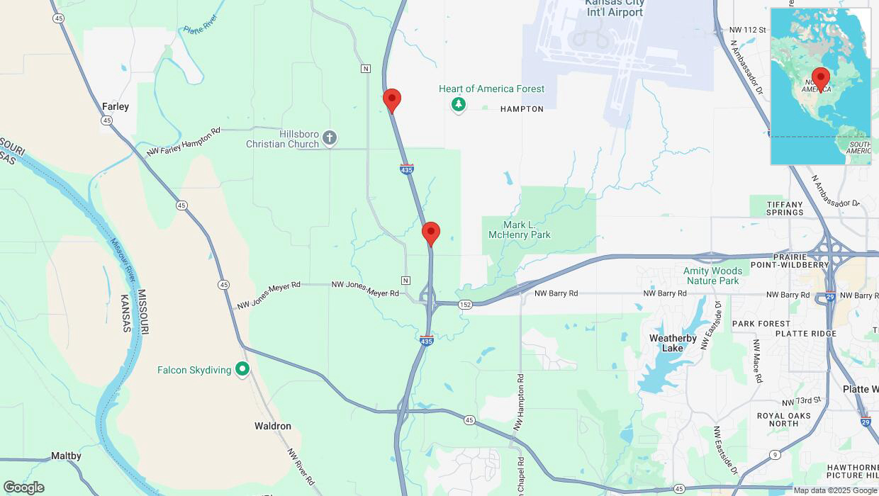 A detailed map that shows the affected road due to 'Drivers cautioned as heavy rain triggers traffic concerns on northbound I-435 in Kansas City' on March 4th at 11:14 p.m.