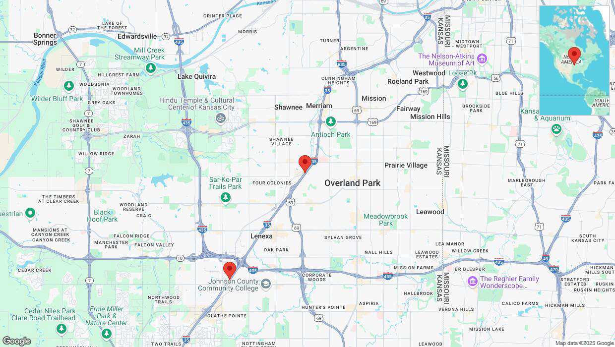 A detailed map that shows the affected road due to 'Heavy rain prompts traffic advisory on westbound I-35 in Overland Park' on March 4th at 11:20 p.m.