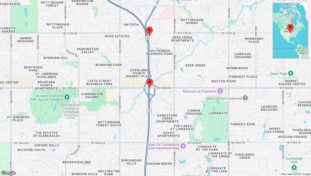 A detailed map that shows the affected road due to 'Heavy rain prompts traffic advisory on northbound US-69 in Overland Park' on March 4th at 11:20 p.m.