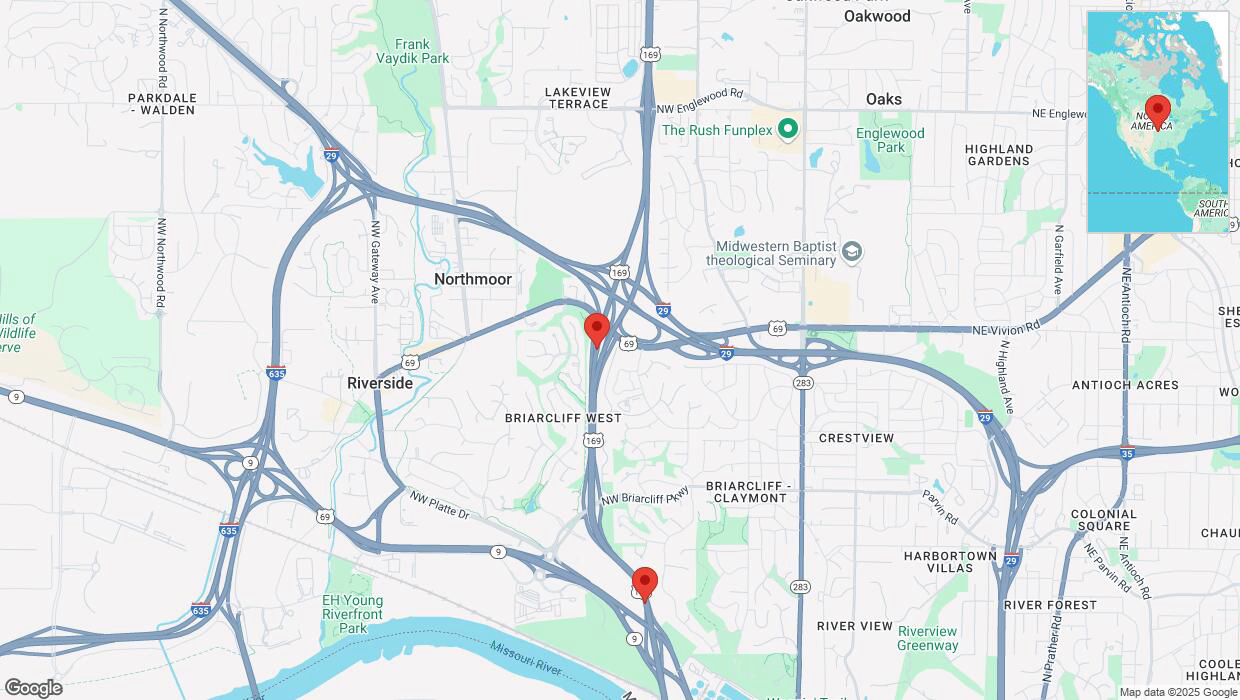 A detailed map that shows the affected road due to 'Drivers cautioned as heavy rain triggers traffic concerns on southbound US-169 in Kansas City' on March 4th at 11:20 p.m.