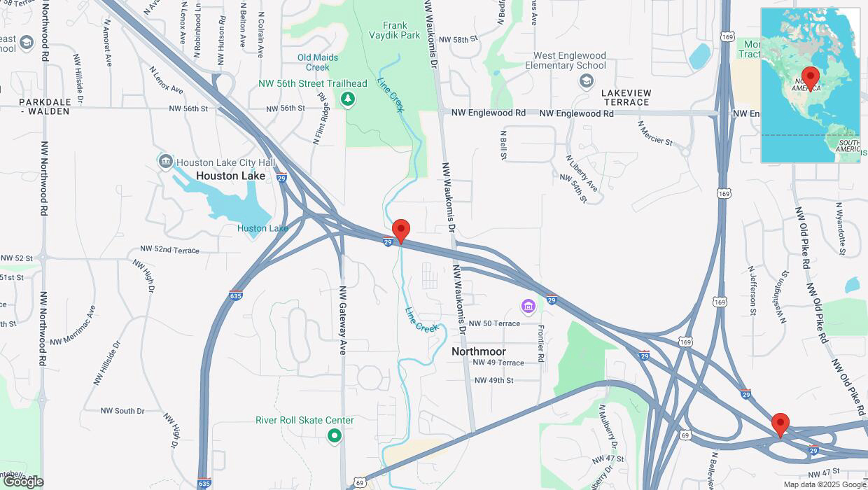 A detailed map that shows the affected road due to 'Drivers cautioned as heavy rain triggers traffic concerns on southbound I-29 in Kansas City' on March 4th at 11:20 p.m.