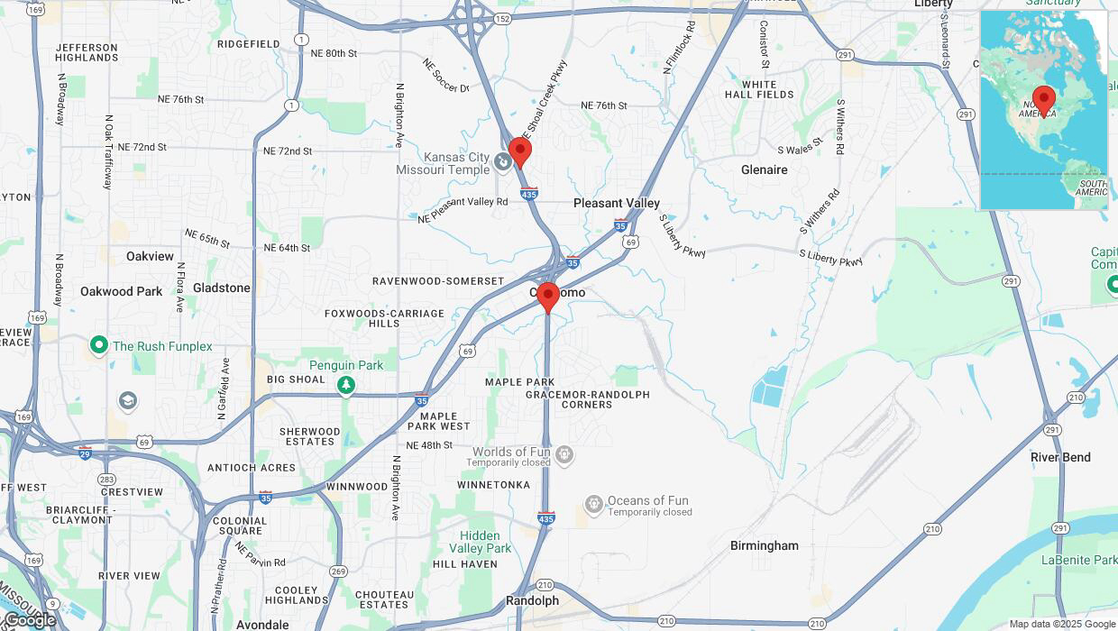 A detailed map that shows the affected road due to 'Heavy rain prompts traffic advisory on northbound I-435 in Pleasant Valley' on March 4th at 11:20 p.m.