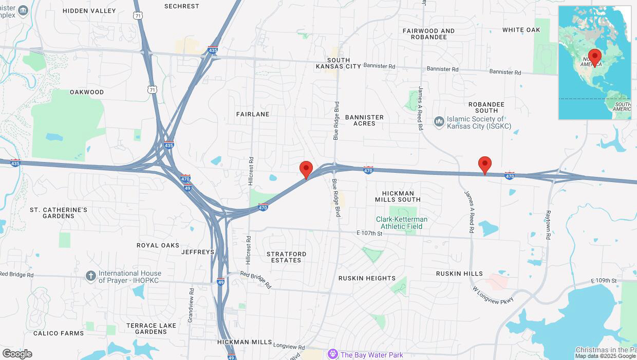 A detailed map that shows the affected road due to 'Traffic alert issued due to heavy rain conditions on eastbound I-470 in Kansas City' on March 4th at 11:20 p.m.
