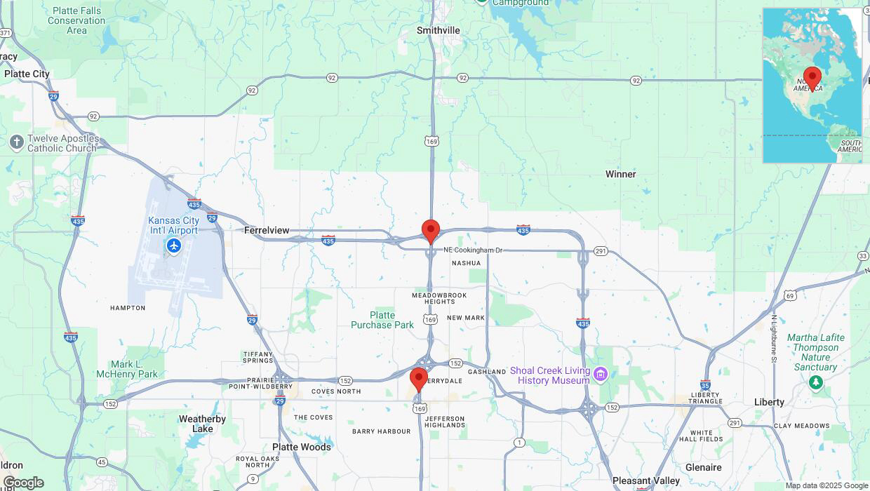 A detailed map that shows the affected road due to 'Heavy rain prompts traffic warning on southbound US-169 in Kansas City' on March 4th at 11:20 p.m.