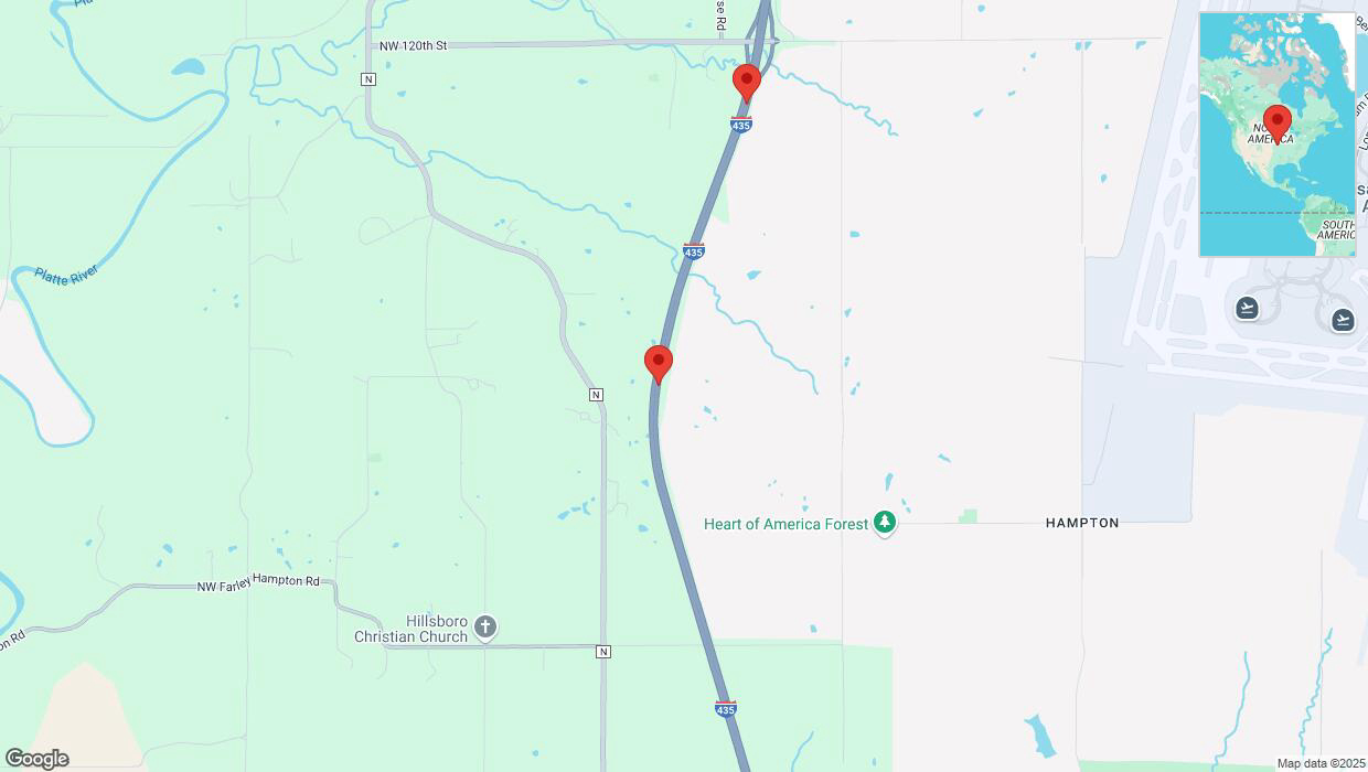 A detailed map that shows the affected road due to 'Heavy rain prompts traffic advisory on northbound I-435 in Platte City' on March 4th at 11:25 p.m.