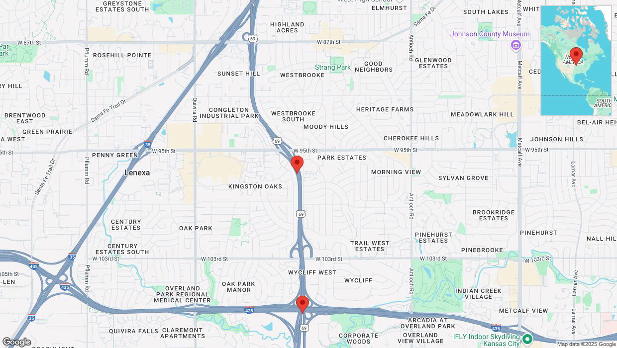 A detailed map that shows the affected road due to 'Heavy rain prompts traffic warning on southbound US-69 in Overland Park' on March 4th at 11:25 p.m.
