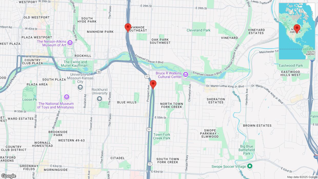 A detailed map that shows the affected road due to 'Drivers cautioned as heavy rain triggers traffic concerns on northbound the Bruce R Watkins Expressway/US-71 in Kansas City' on March 4th at 11:25 p.m.