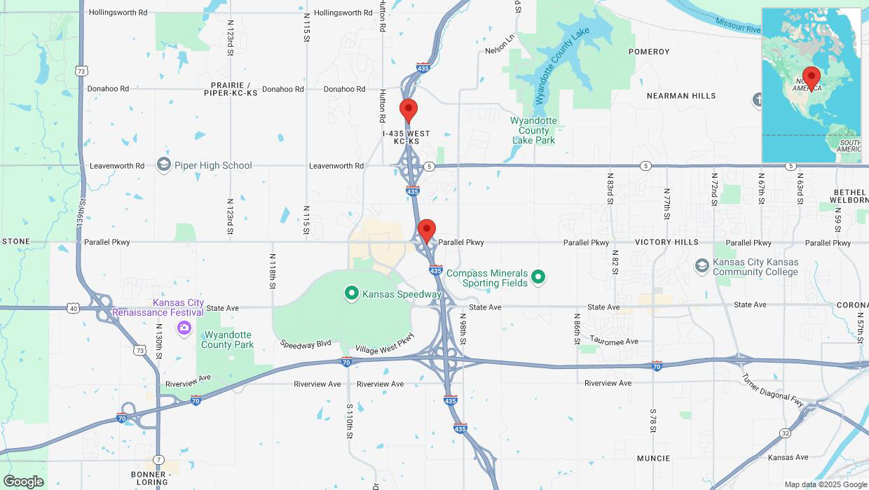 A detailed map that shows the affected road due to 'Drivers cautioned as heavy rain triggers traffic concerns on northbound I-435 in Kansas City' on March 4th at 11:25 p.m.
