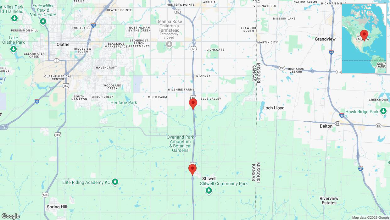 A detailed map that shows the affected road due to 'Heavy rain prompts traffic warning on southbound US-69 in Overland Park' on March 4th at 11:25 p.m.