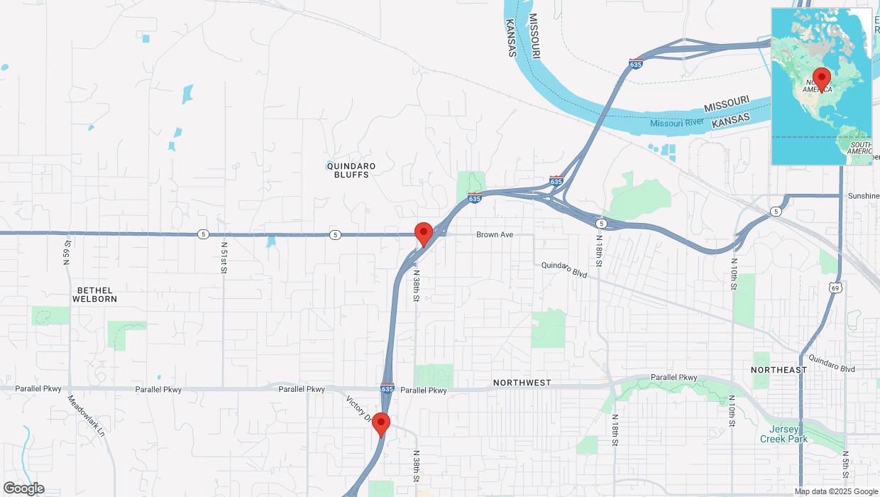 A detailed map that shows the affected road due to 'Heavy rain prompts traffic advisory on southbound I-635 in Kansas City' on March 4th at 11:25 p.m.