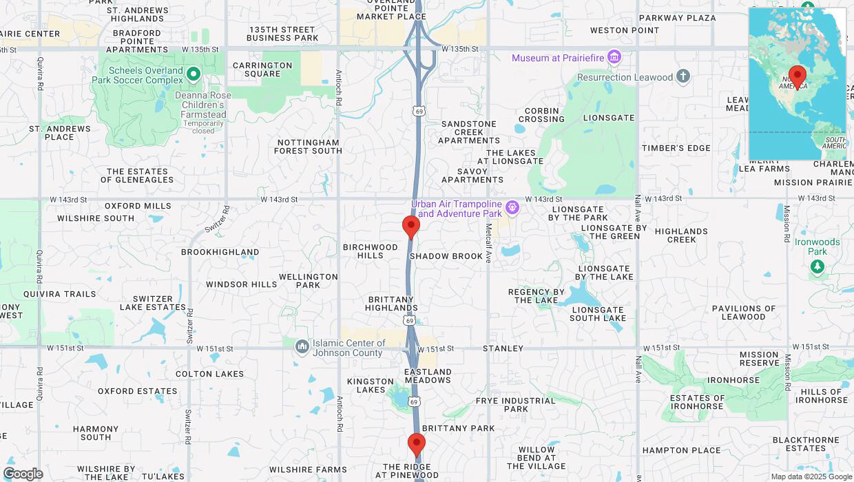 A detailed map that shows the affected road due to 'Drivers cautioned as heavy rain triggers traffic concerns on southbound US-69 in Overland Park' on March 4th at 11:32 p.m.