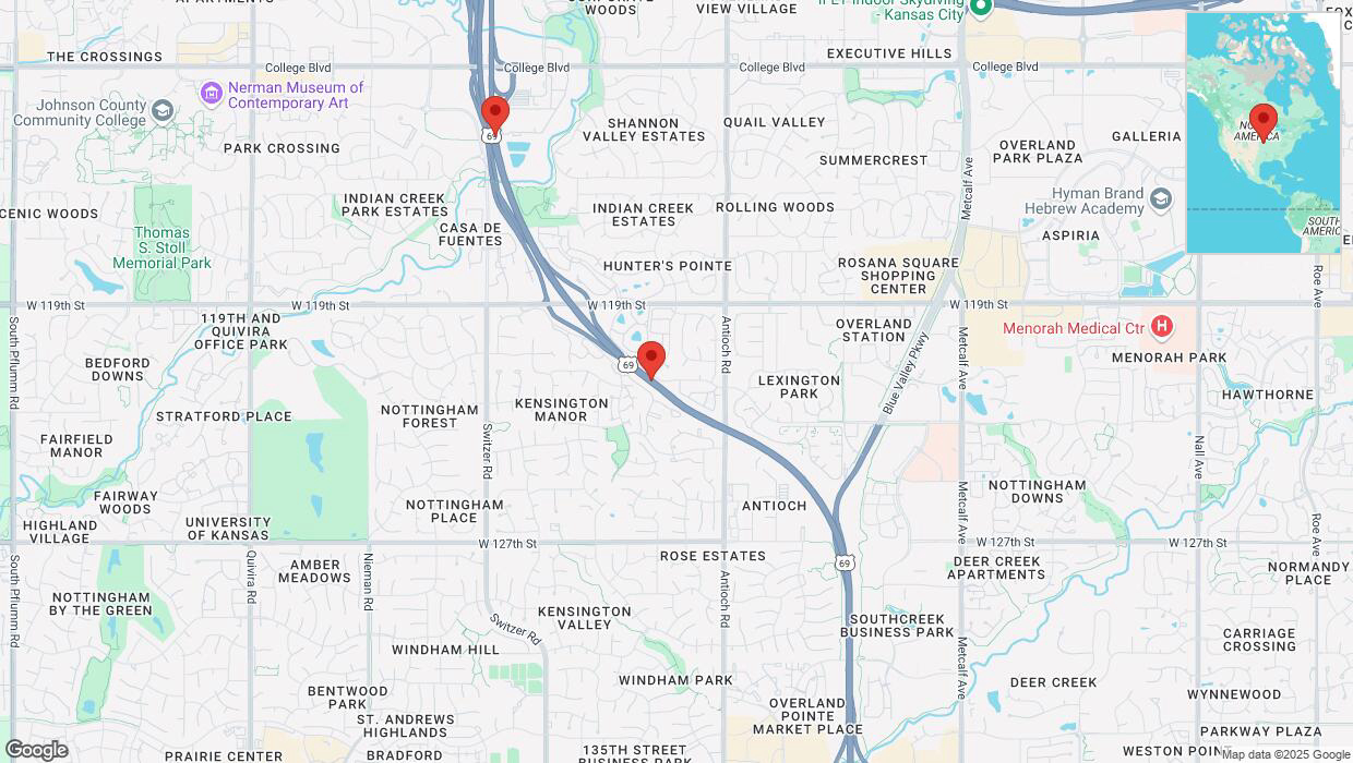 A detailed map that shows the affected road due to 'Heavy rain prompts traffic warning on northbound US-69 in Overland Park' on March 4th at 11:32 p.m.
