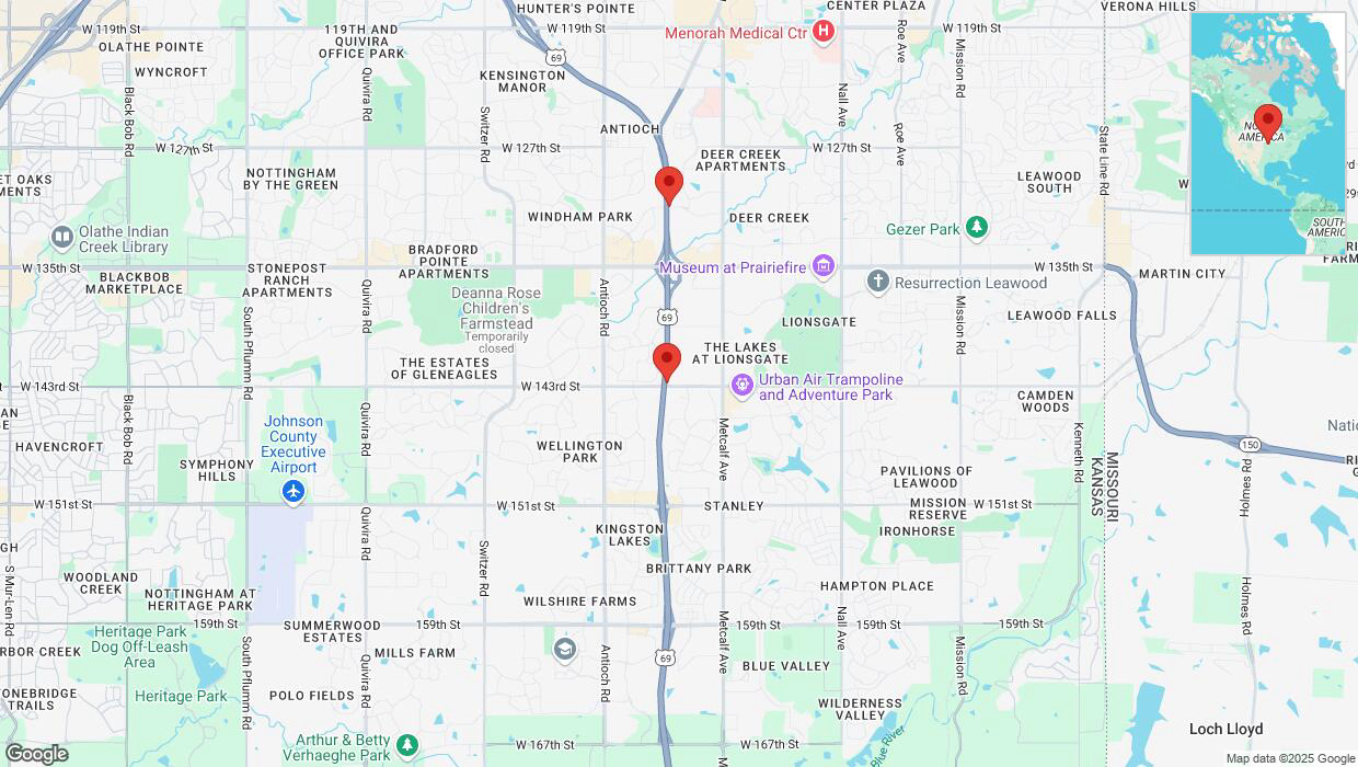 A detailed map that shows the affected road due to 'Heavy rain prompts traffic advisory on northbound US-69 in Overland Park' on March 4th at 11:32 p.m.
