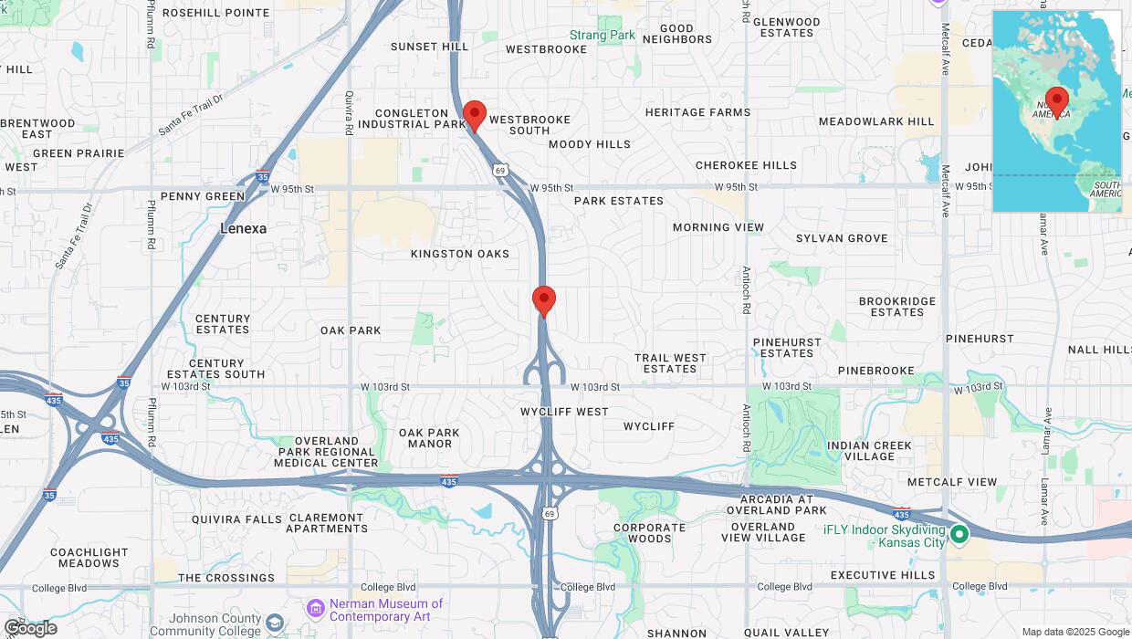 A detailed map that shows the affected road due to 'Traffic alert issued due to heavy rain conditions on northbound US-69 in Overland Park' on March 4th at 11:37 p.m.