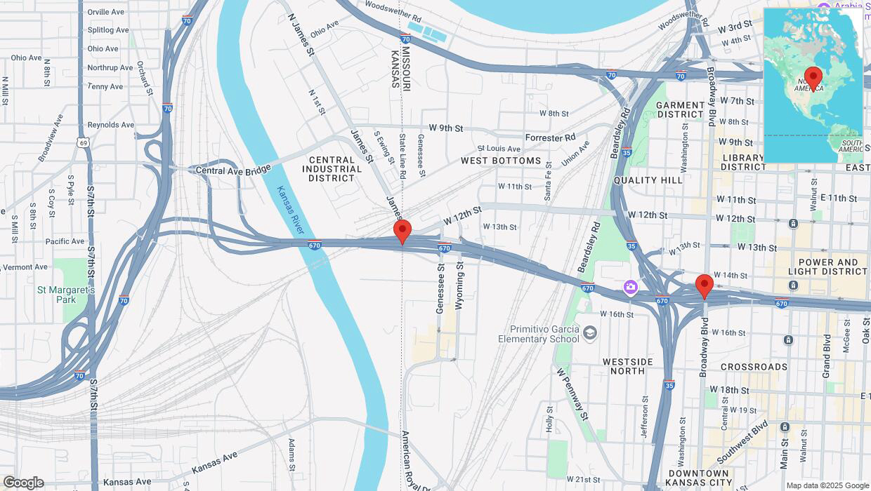 A detailed map that shows the affected road due to 'Heavy rain prompts traffic warning on eastbound I-670 in Kansas City' on March 4th at 11:37 p.m.