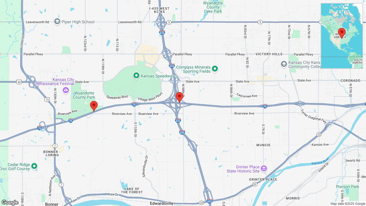 A detailed map that shows the affected road due to 'Heavy rain prompts traffic warning on westbound I-70 in Kansas City' on March 4th at 11:37 p.m.