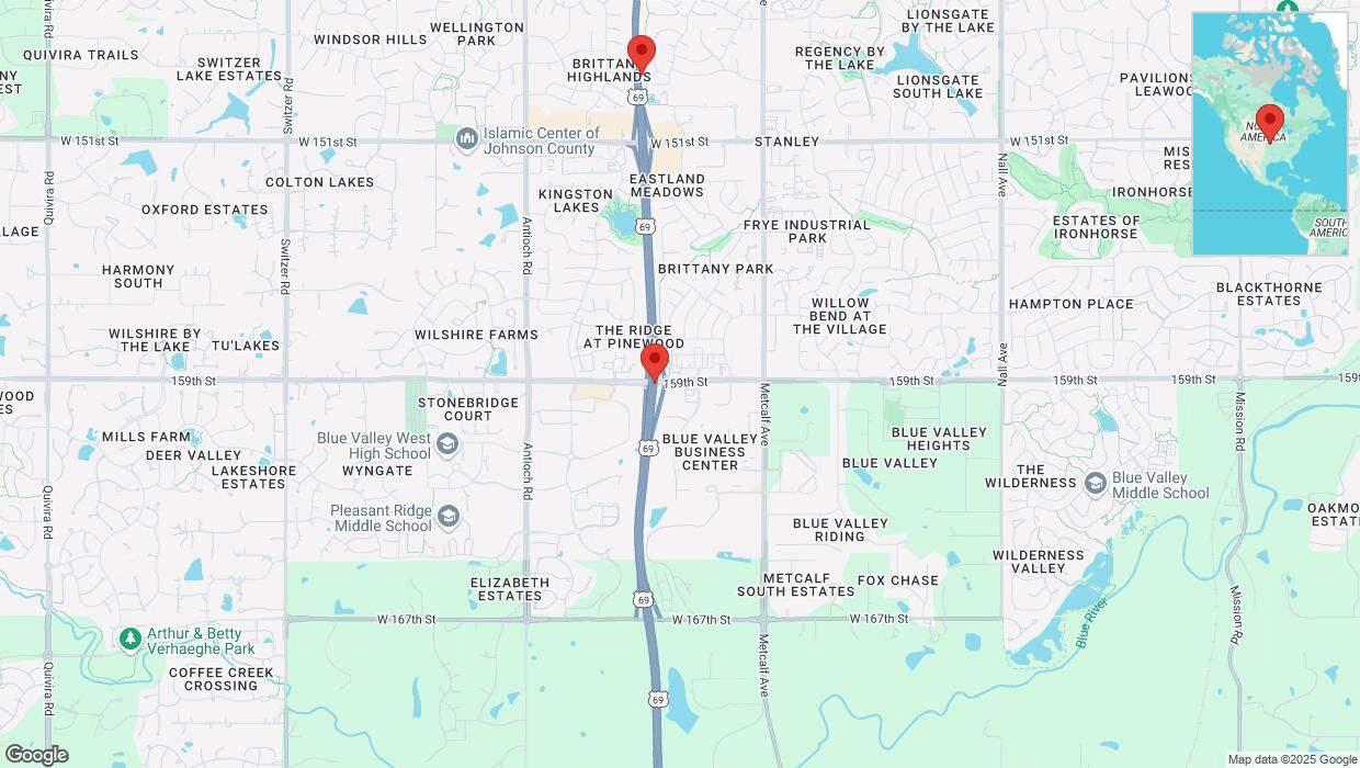 A detailed map that shows the affected road due to 'Drivers cautioned as heavy rain triggers traffic concerns on northbound US-69 in Overland Park' on March 4th at 11:37 p.m.