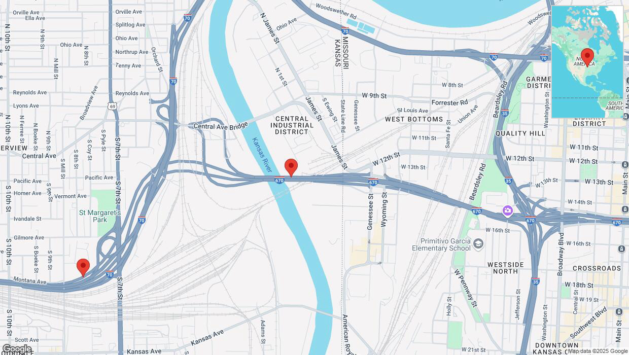 A detailed map that shows the affected road due to 'Heavy rain prompts traffic warning on westbound I-670 in Kansas City' on March 4th at 11:37 p.m.