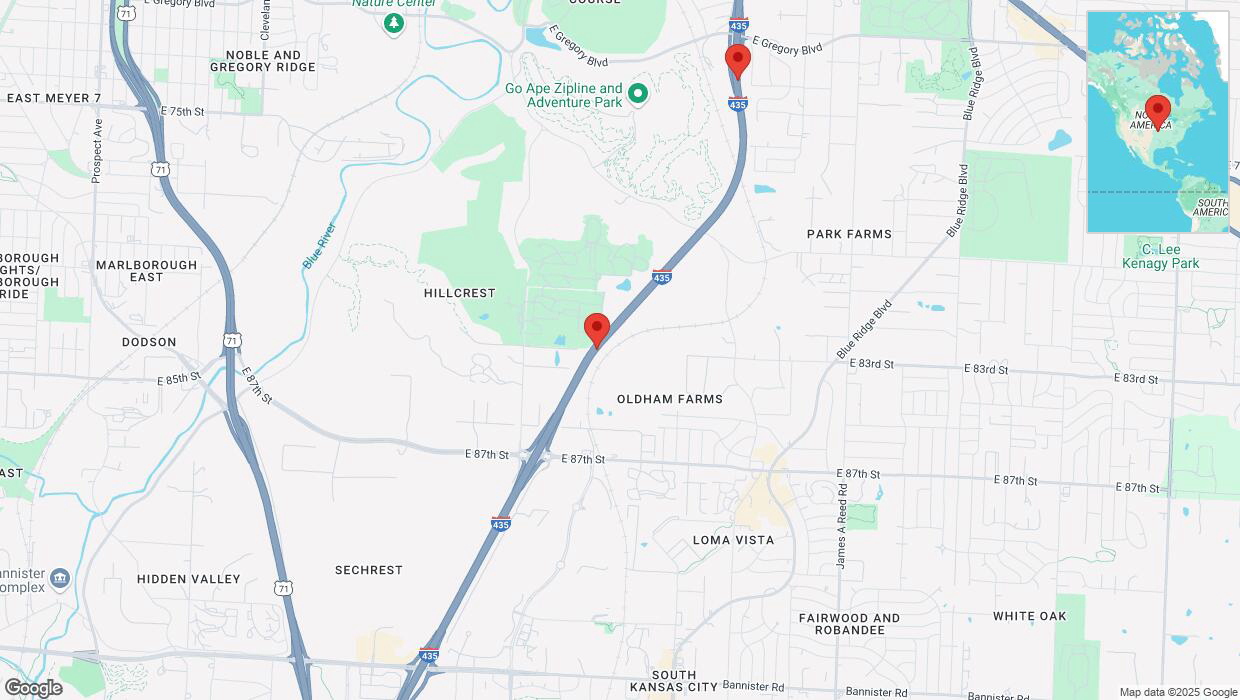A detailed map that shows the affected road due to 'Heavy rain prompts traffic warning on northbound I-435 in Kansas City' on March 4th at 11:38 p.m.