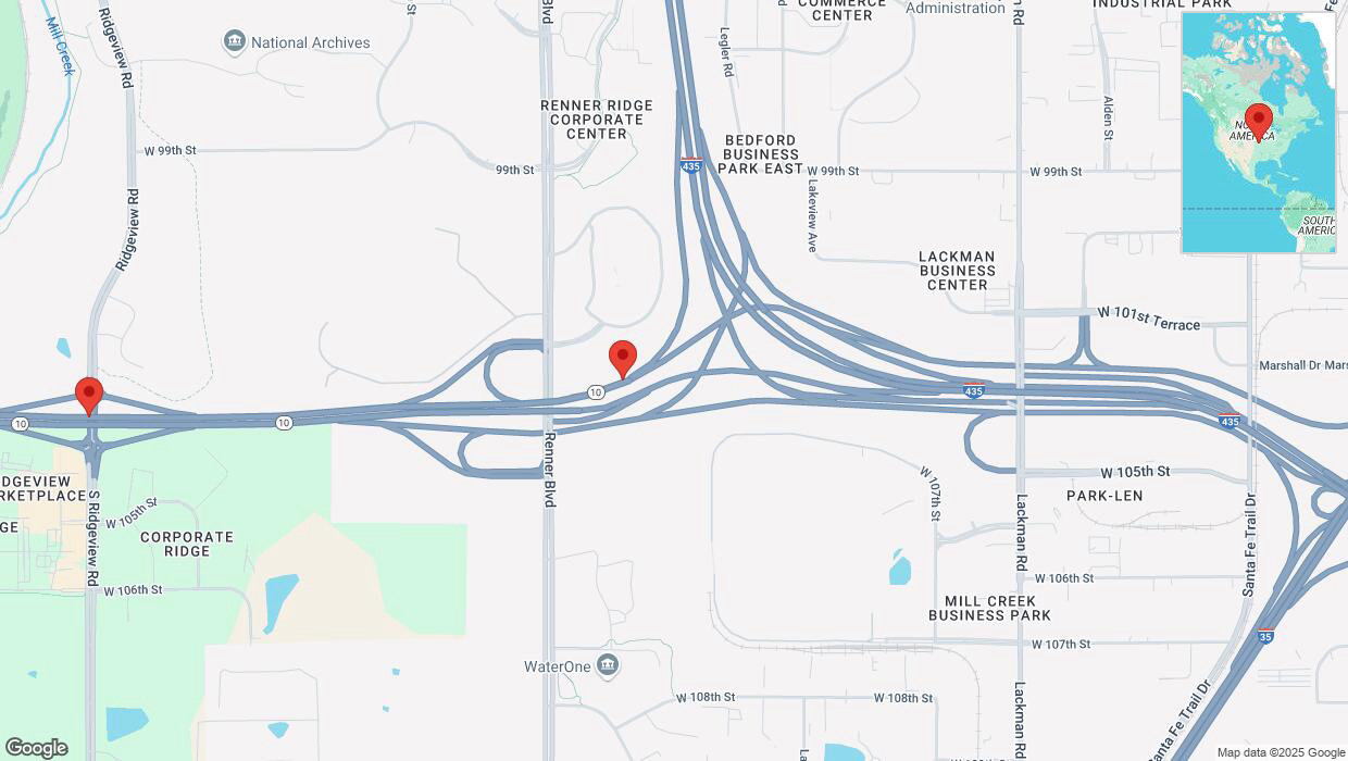 A detailed map that shows the affected road due to 'Drivers cautioned as heavy rain triggers traffic concerns on westbound K-10 in Lenexa' on March 4th at 11:44 p.m.