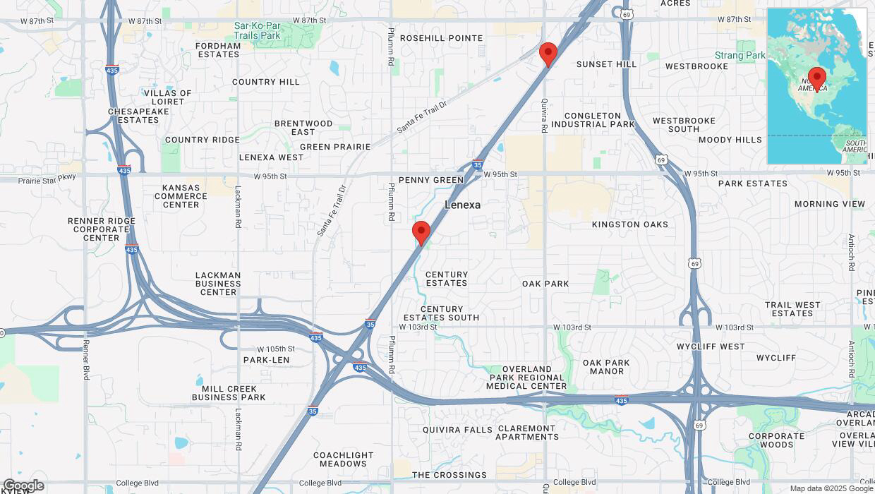 A detailed map that shows the affected road due to 'Heavy rain prompts traffic advisory on eastbound I-35 in Lenexa' on March 4th at 11:44 p.m.