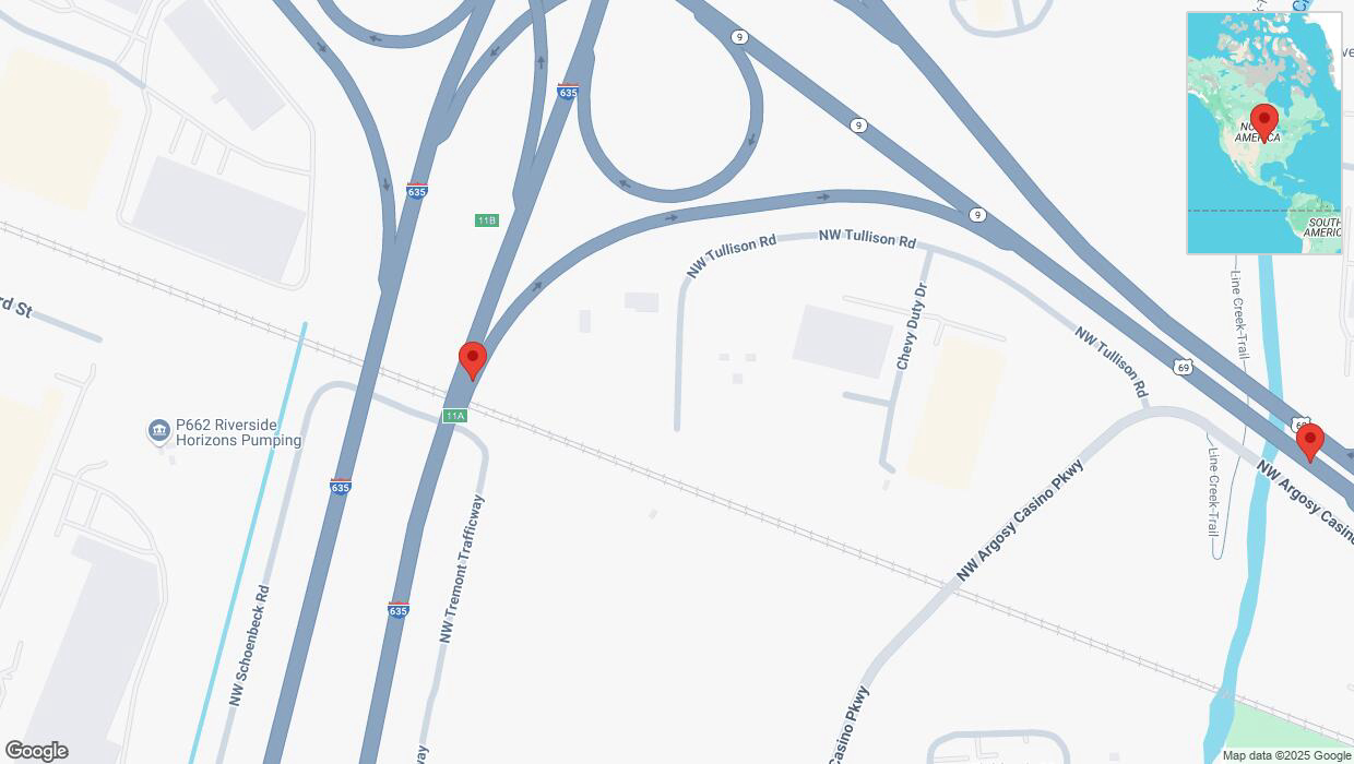 A detailed map that shows the affected road due to 'Heavy rain prompts traffic advisory on southbound US-69 in Riverside' on March 4th at 11:44 p.m.