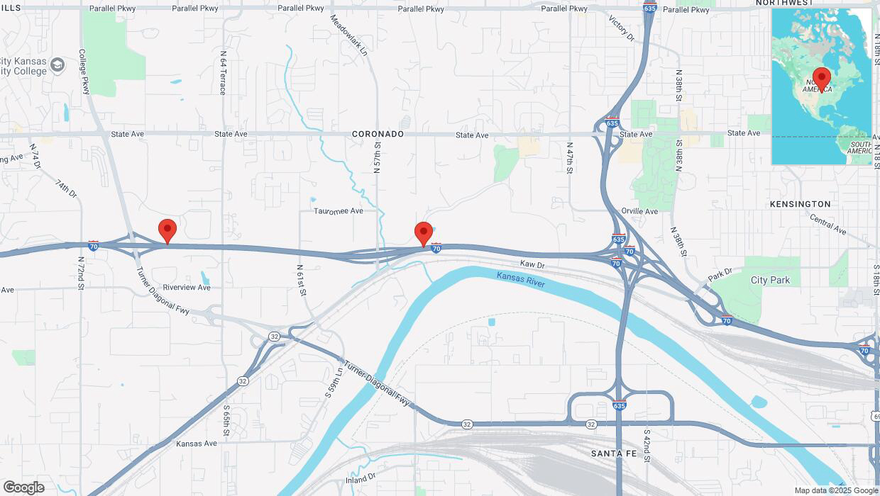 A detailed map that shows the affected road due to 'Heavy rain prompts traffic advisory on westbound I-70 in Kansas City' on March 4th at 11:44 p.m.