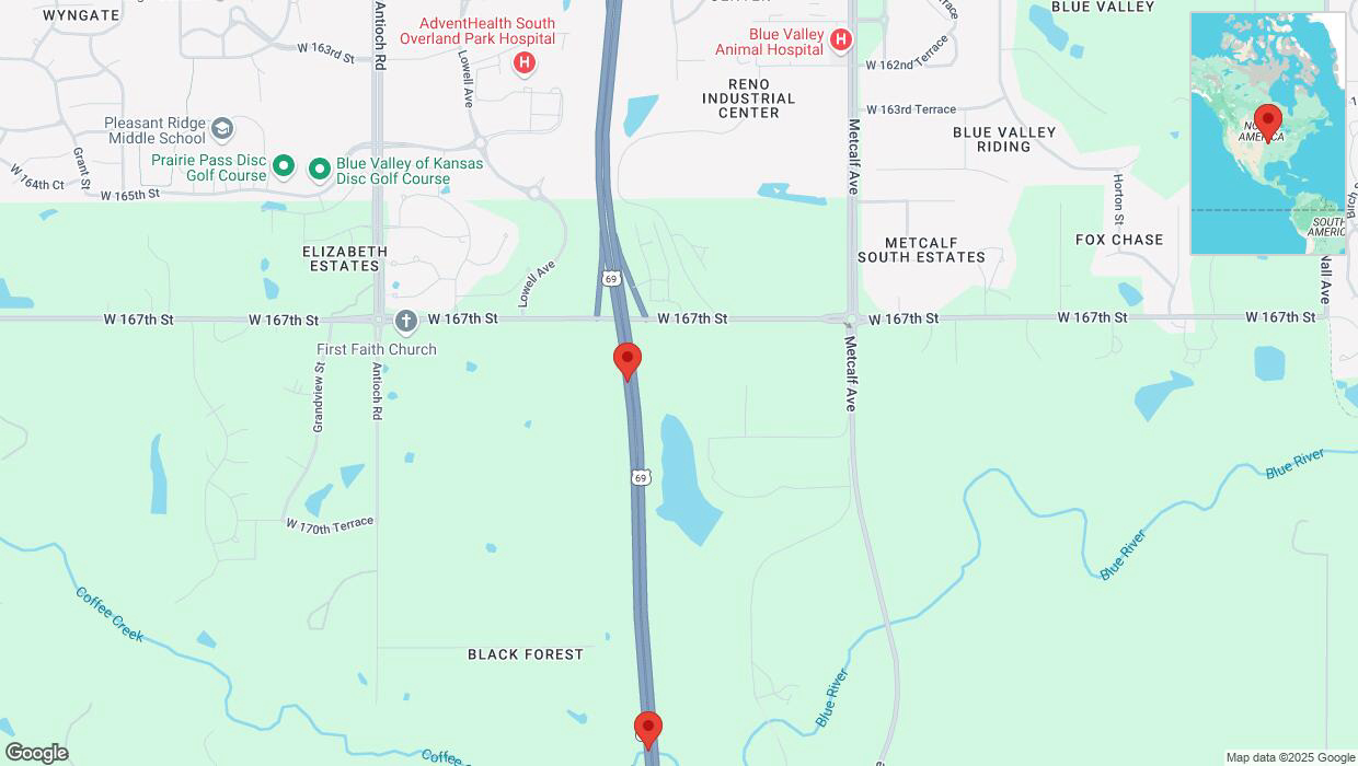 A detailed map that shows the affected road due to 'Heavy rain prompts traffic warning on southbound US-69 in Overland Park' on March 4th at 11:44 p.m.