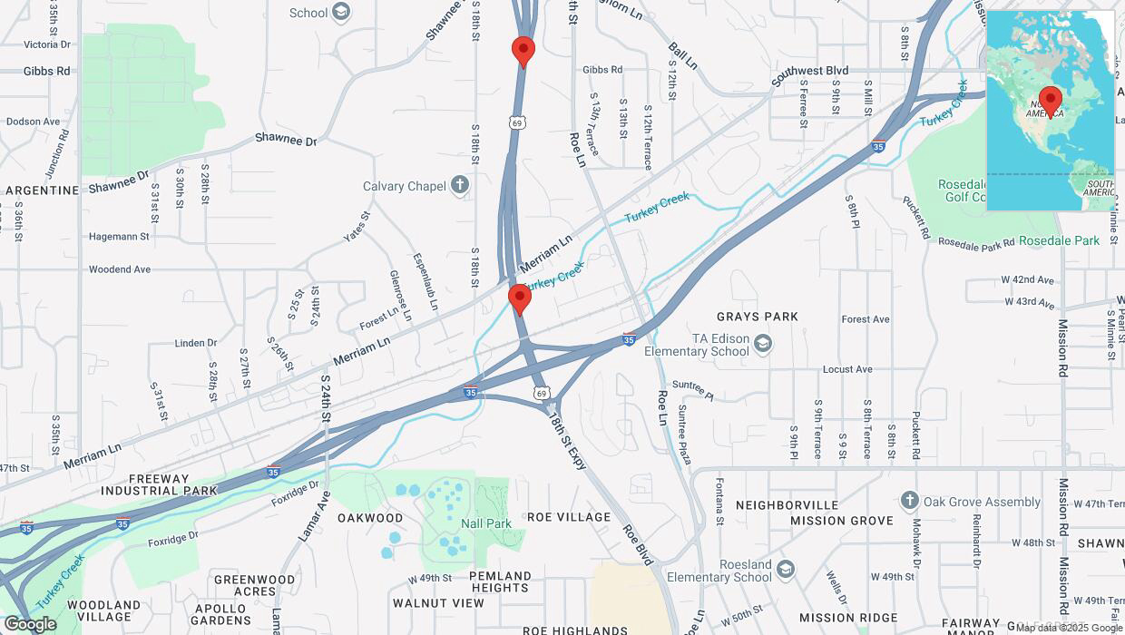 A detailed map that shows the affected road due to 'Traffic alert issued due to heavy rain conditions on northbound US-69 in Kansas City' on March 4th at 11:49 p.m.