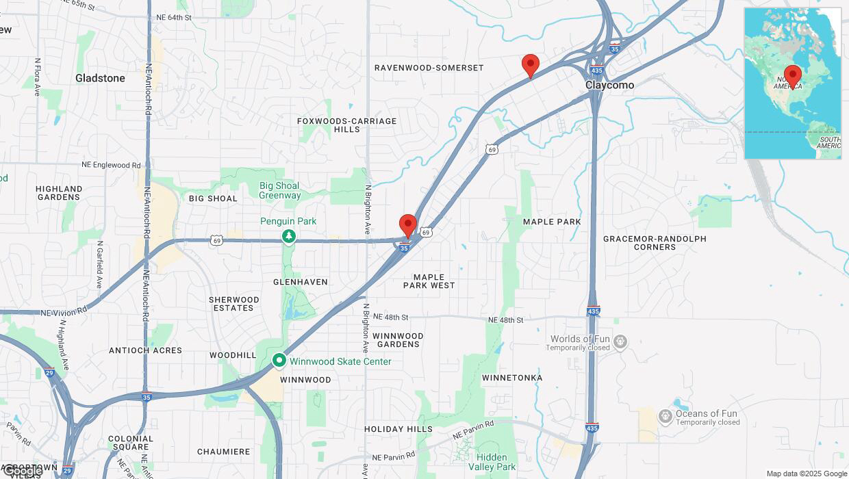 A detailed map that shows the affected road due to 'Traffic alert issued due to heavy rain conditions on northbound I-35 in Kansas City' on March 4th at 11:49 p.m.