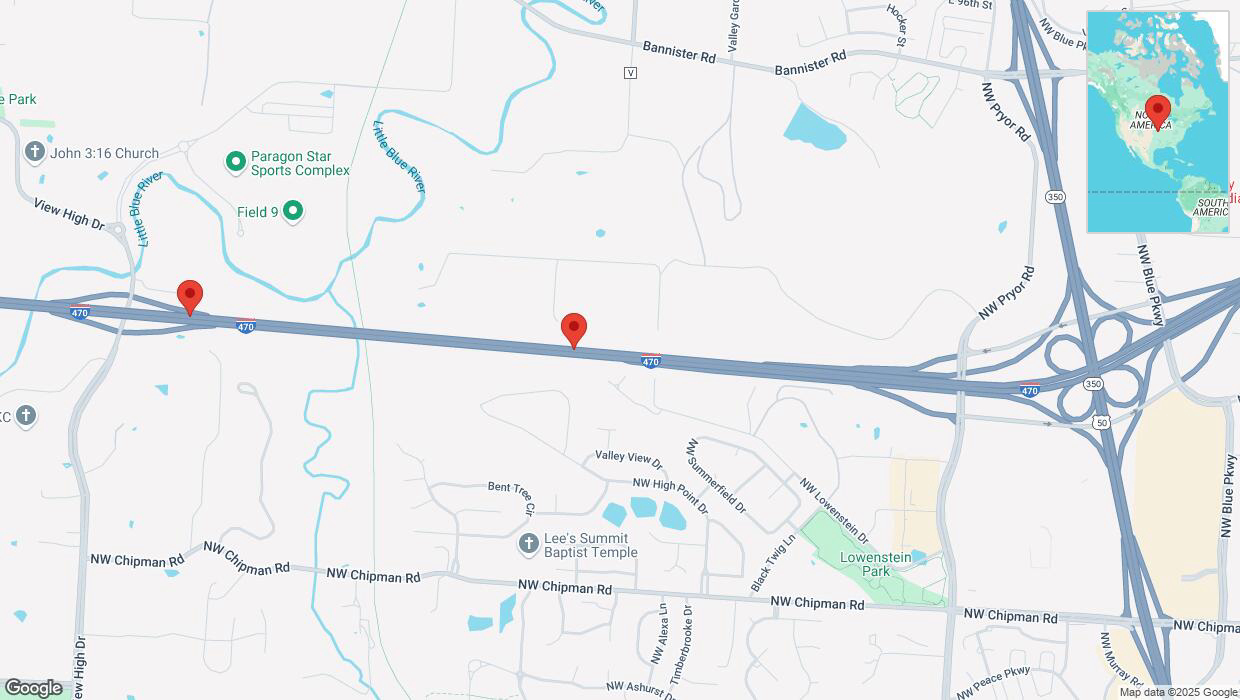 A detailed map that shows the affected road due to 'Heavy rain prompts traffic advisory on westbound I-470 in Lee's Summit' on March 4th at 11:49 p.m.