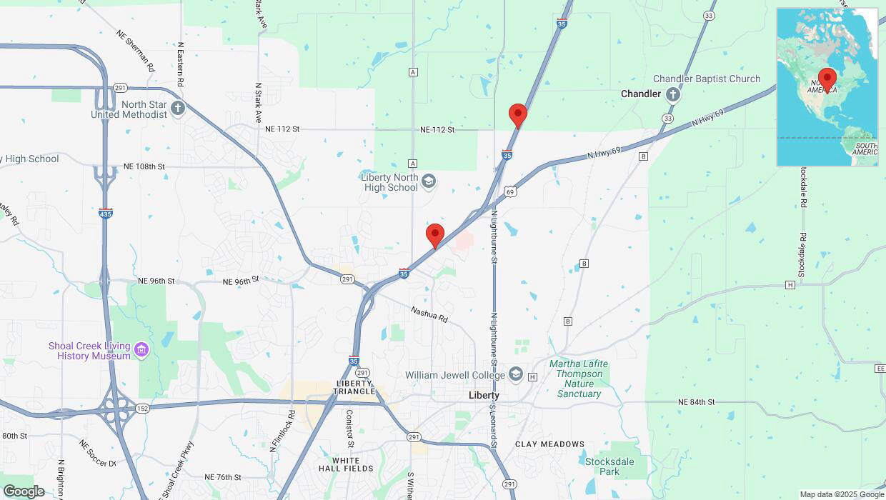 A detailed map that shows the affected road due to 'Traffic alert issued due to heavy rain conditions on northbound I-35 in Liberty' on March 4th at 11:49 p.m.