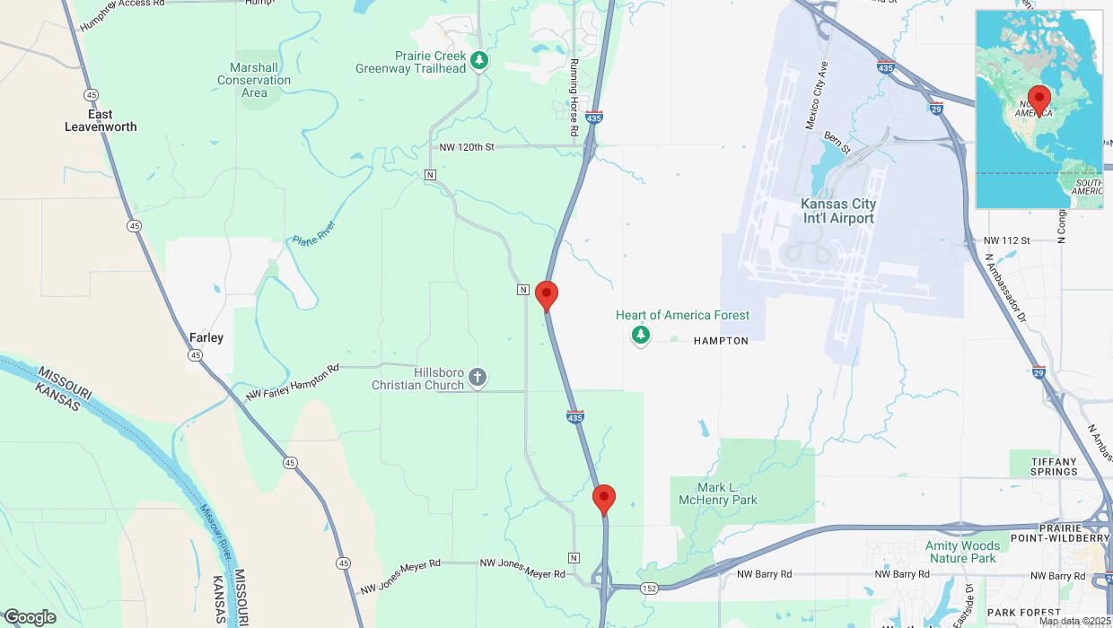 A detailed map that shows the affected road due to 'Traffic alert issued due to heavy rain conditions on southbound I-435 in Platte City' on March 4th at 11:49 p.m.