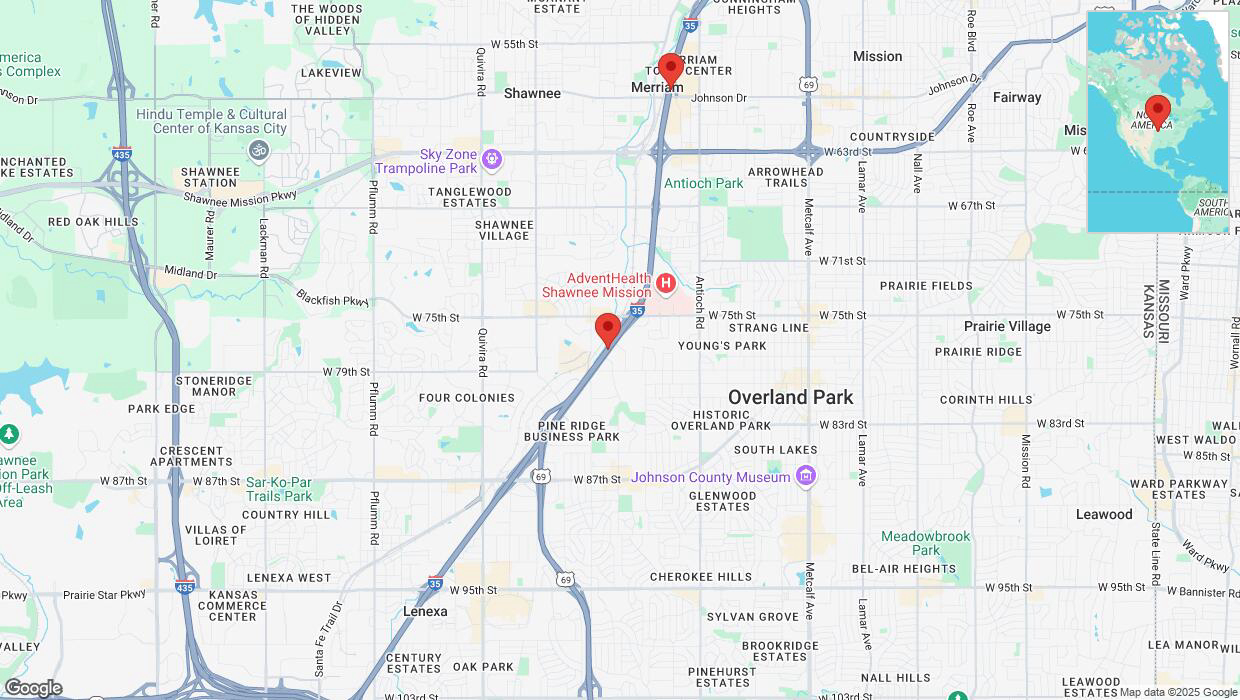 A detailed map that shows the affected road due to 'Drivers cautioned as heavy rain triggers traffic concerns on eastbound I-35 in Overland Park' on March 4th at 11:49 p.m.
