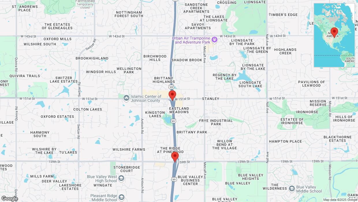 A detailed map that shows the affected road due to 'Heavy rain prompts traffic advisory on southbound US-69 in Overland Park' on March 4th at 11:49 p.m.