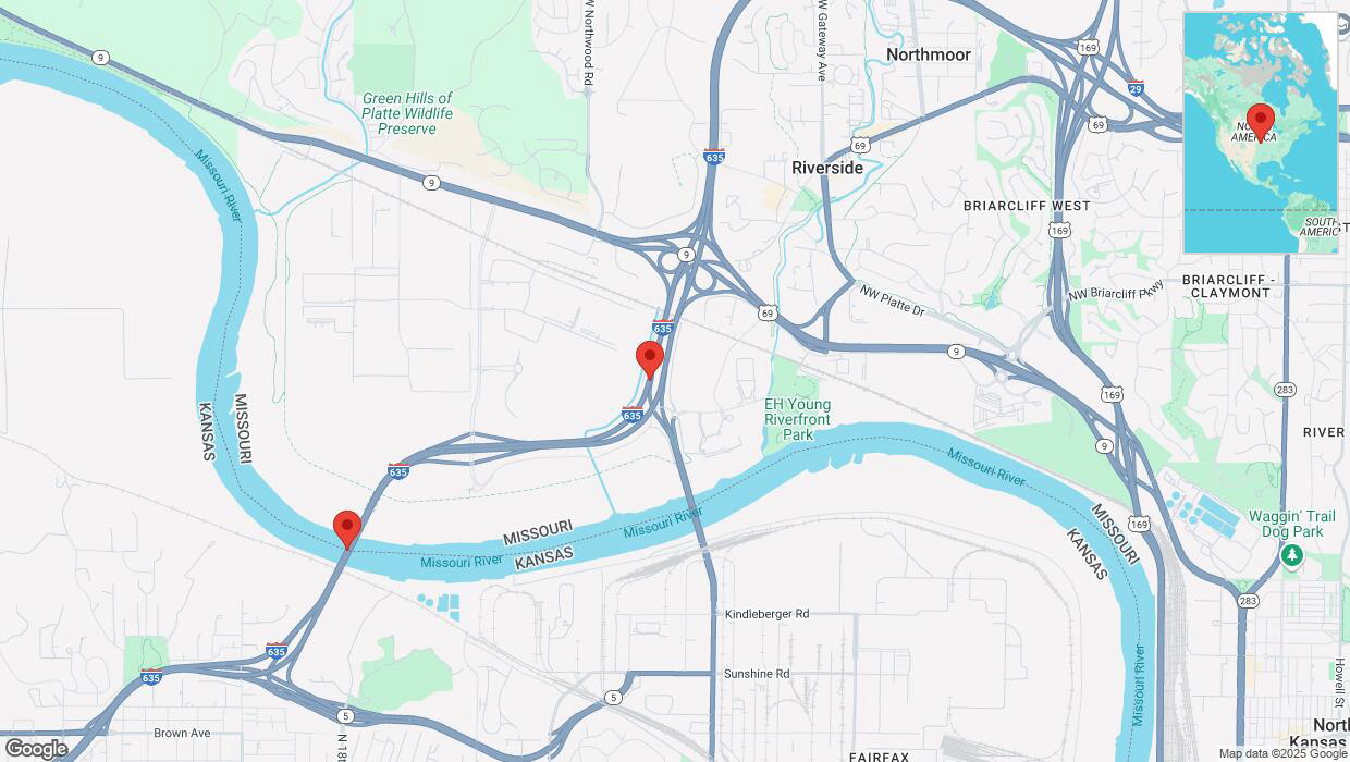 A detailed map that shows the affected road due to 'Heavy rain prompts traffic advisory on southbound I-635 in Riverside' on March 4th at 11:49 p.m.