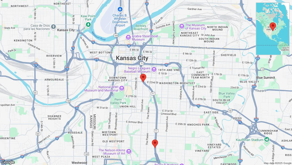 A detailed map that shows the affected road due to 'Heavy rain prompts traffic advisory on southbound US-71 South in Kansas City' on March 4th at 11:49 p.m.