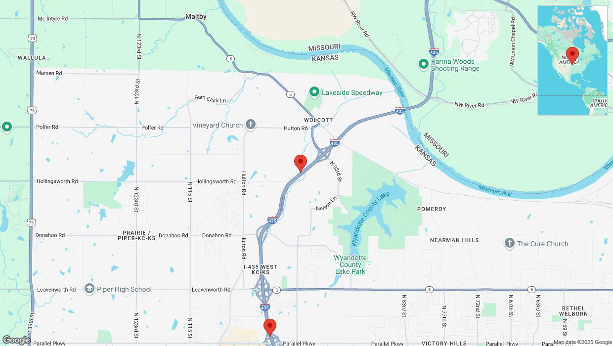 A detailed map that shows the affected road due to 'Drivers cautioned as heavy rain triggers traffic concerns on southbound I-435 in Kansas City' on March 4th at 11:55 p.m.