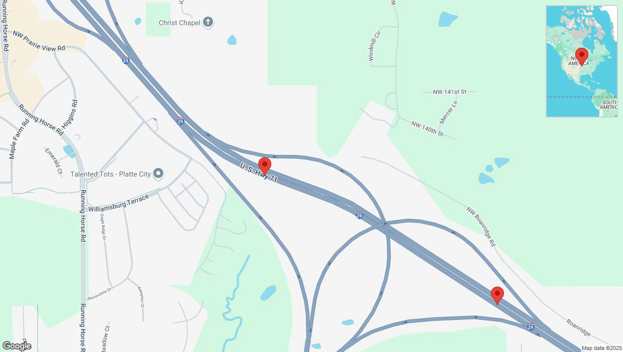 A detailed map that shows the affected road due to 'Traffic alert issued due to heavy rain conditions on southbound I-29 in Platte City' on March 4th at 11:55 p.m.