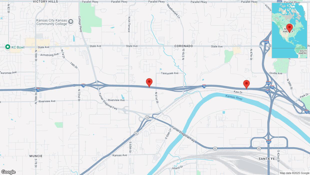 A detailed map that shows the affected road due to 'Heavy rain prompts traffic warning on eastbound I-70 in Kansas City' on March 4th at 11:55 p.m.