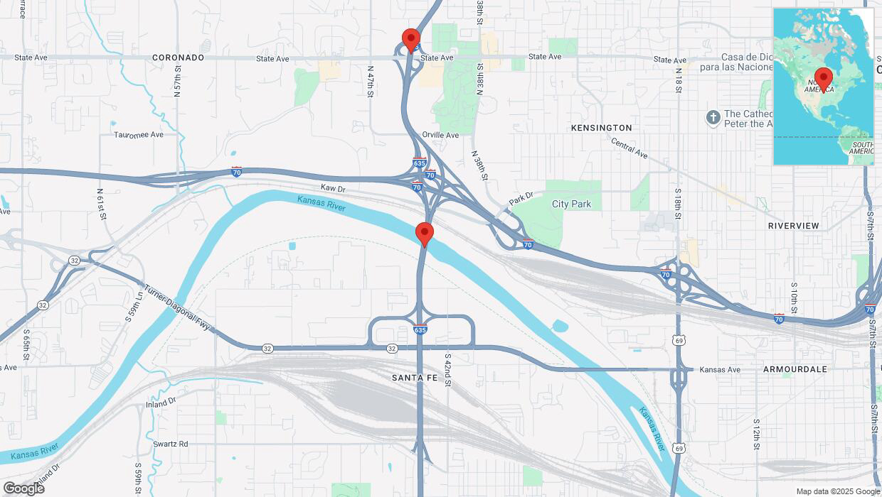 A detailed map that shows the affected road due to 'Drivers cautioned as heavy rain triggers traffic concerns on northbound I-635 in Kansas City' on March 4th at 11:55 p.m.