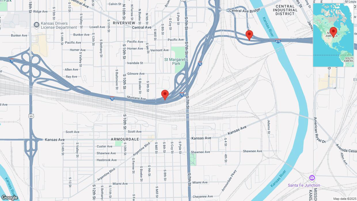 A detailed map that shows the affected road due to 'Heavy rain prompts traffic advisory on eastbound I-670 in Kansas City' on March 4th at 11:55 p.m.